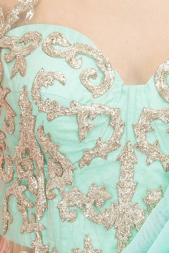 Turquoise embroidered sari-gown available only at Pernia's Pop-Up Shop.