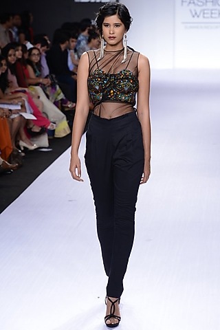 Black body suit with encrusted bustier and trousers by Sonaakshi Raaj