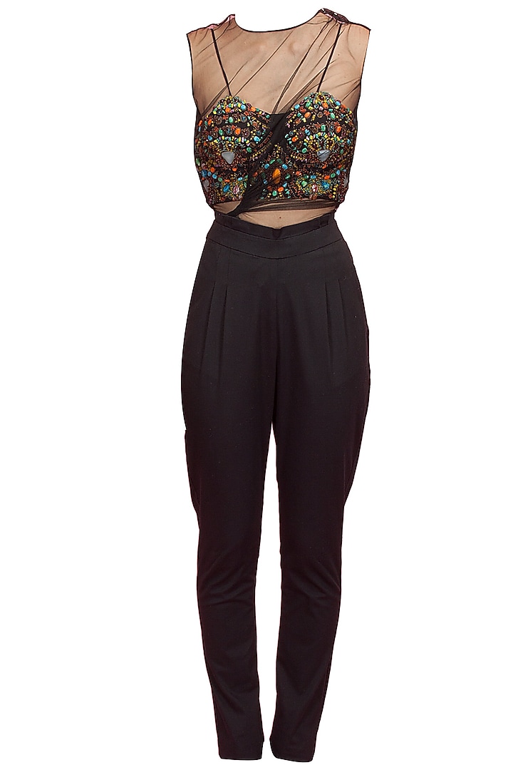 Black body suit with encrusted bustier and trousers available only at Pernia's Pop-Up Shop.