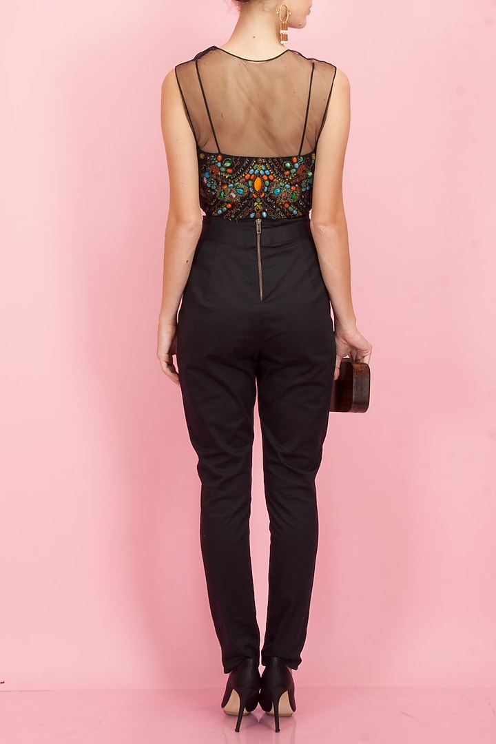 Black body suit with encrusted bustier and trousers available only at Pernia's Pop-Up Shop.