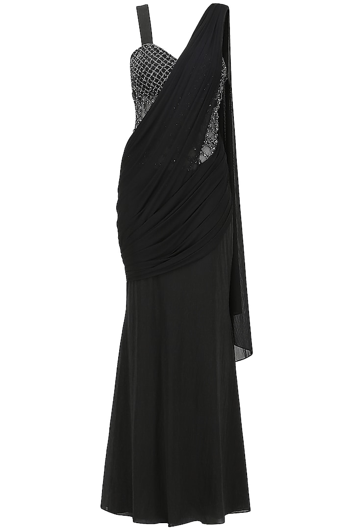 Black saree gown in lycra and cotton satin available only at Pernia's Pop Up Shop.
