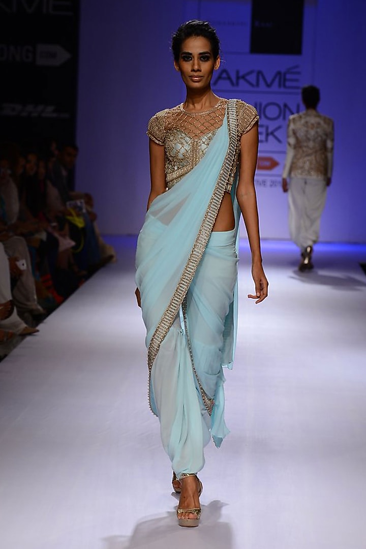 Powder blue embroidered pant sari gown by Sonaakshi Raaj