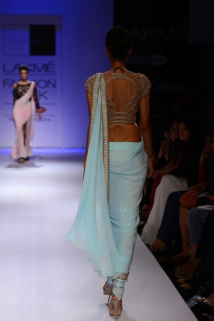 Powder blue embroidered pant sari gown available only at Pernia's Pop-Up Shop.