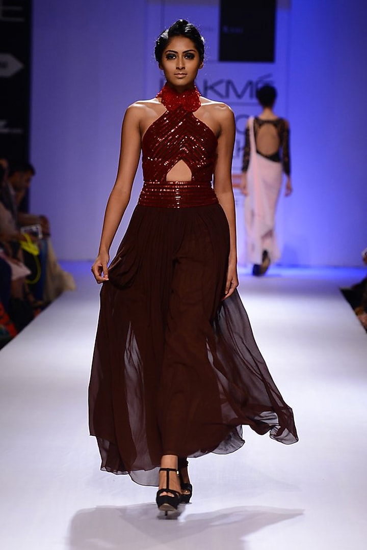 Red beaded halter brown palazzo jumpsuit by Sonaakshi Raaj