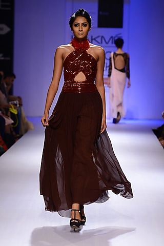 Red beaded halter brown palazzo jumpsuit by Sonaakshi Raaj
