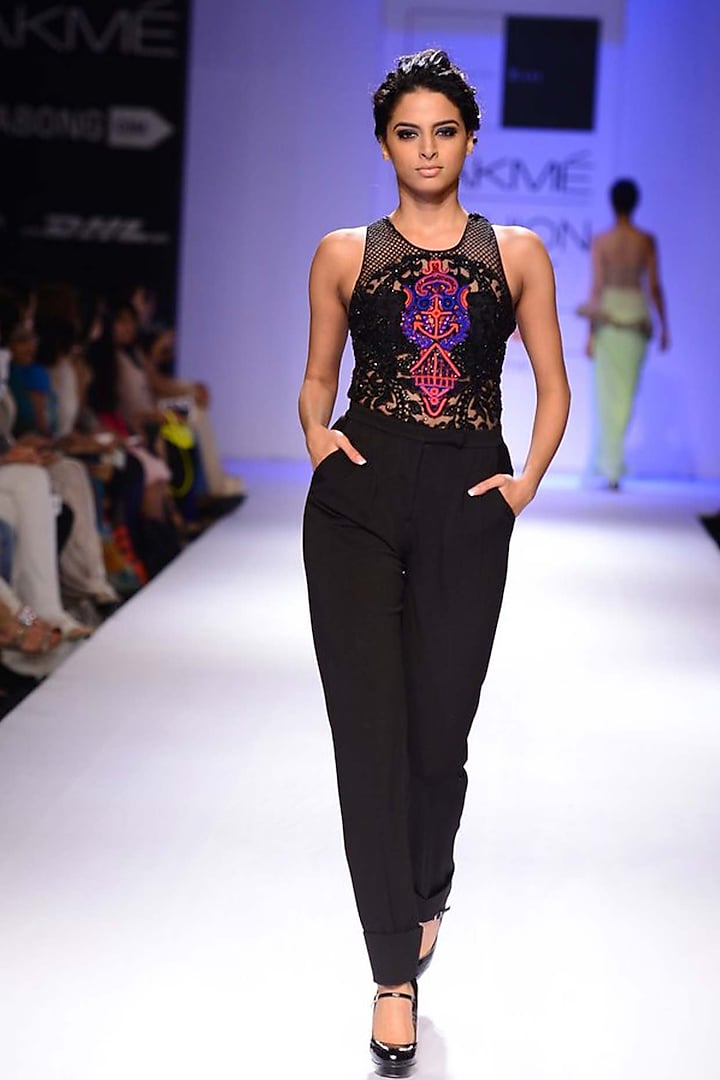 Black, red and blue embroidered bodysuit with trousers by Sonaakshi Raaj
