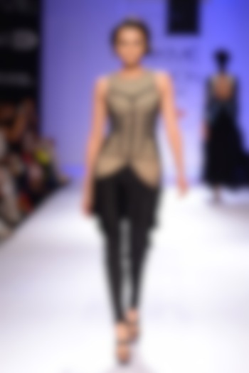 Nude and black embroidered jacket with cowl pants available only at Pernia's Pop-Up Shop.