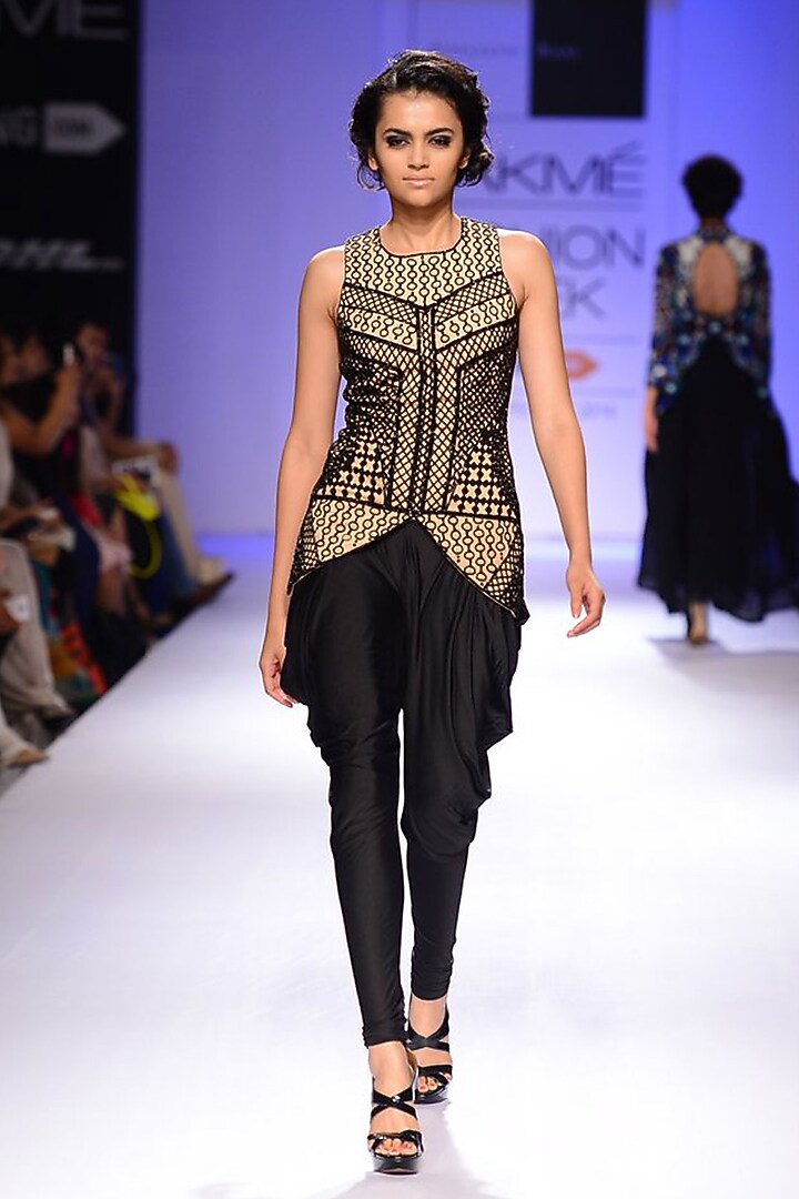 Nude and black embroidered jacket with cowl pants available only at Pernia's Pop-Up Shop.