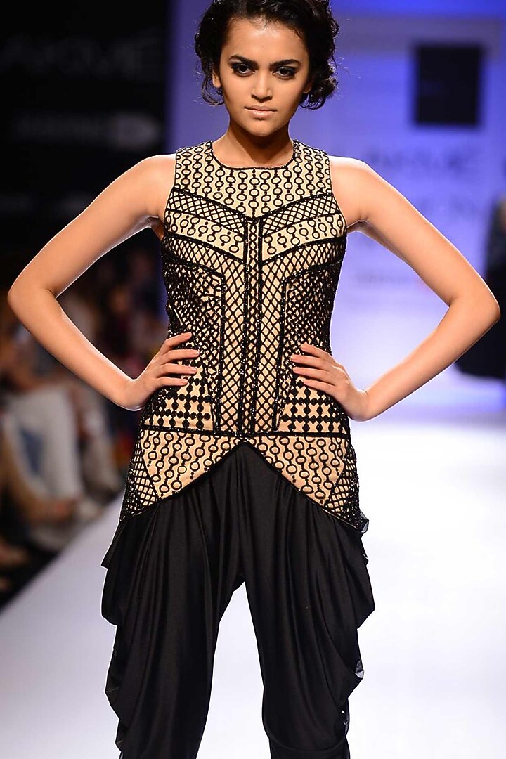 Nude and black embroidered jacket with cowl pants available only at Pernia's Pop-Up Shop.