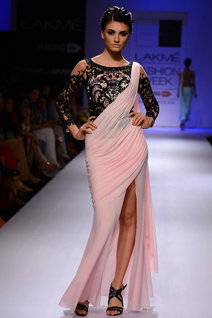 Pink slit sari gown with black embroidery by Sonaakshi Raaj