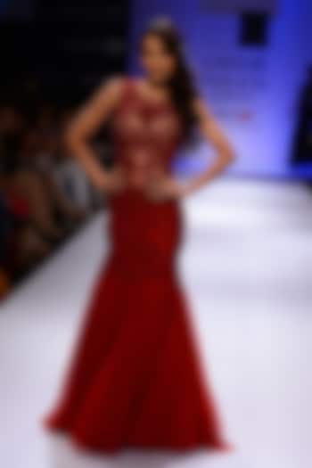 Red stone and bead work embroidered gown available only at Pernia's Pop-Up Shop.
