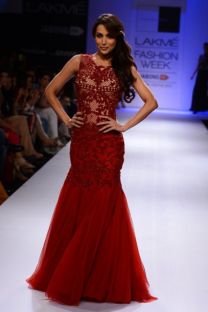 Red stone and bead work embroidered gown available only at Pernia's Pop-Up Shop.