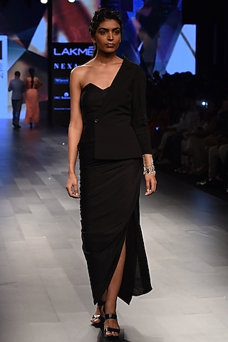Black One Shoulder Blazer Draped Gown by Sonaakshi Raaj