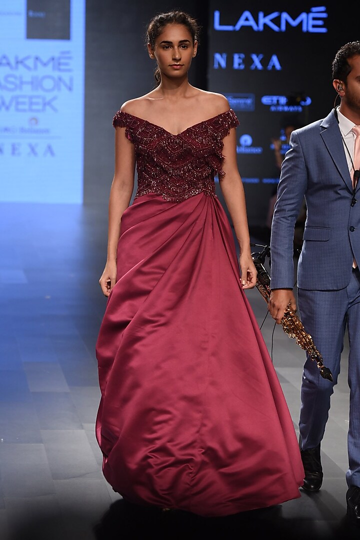 Wine Embroidered Off Shoulder Flounce Gown by Sonaakshi Raaj