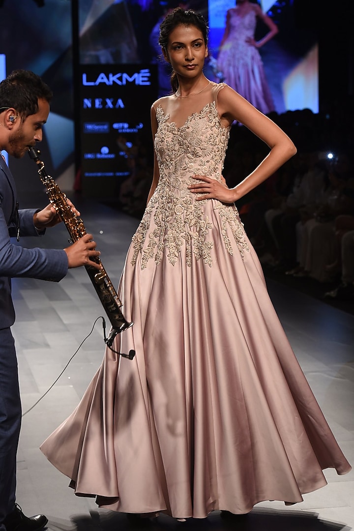 Mauve Floral Embroidered Flounce Gown by Sonaakshi Raaj