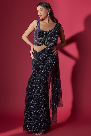 Midnight Blue Swiss Net Draped Saree Set by Sonaakshi Raaj