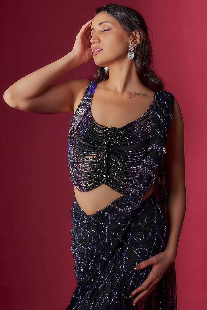 Midnight Blue Swiss Net Draped Bridal Saree Set by Sonaakshi Raaj at Pernia's Pop Up Shop