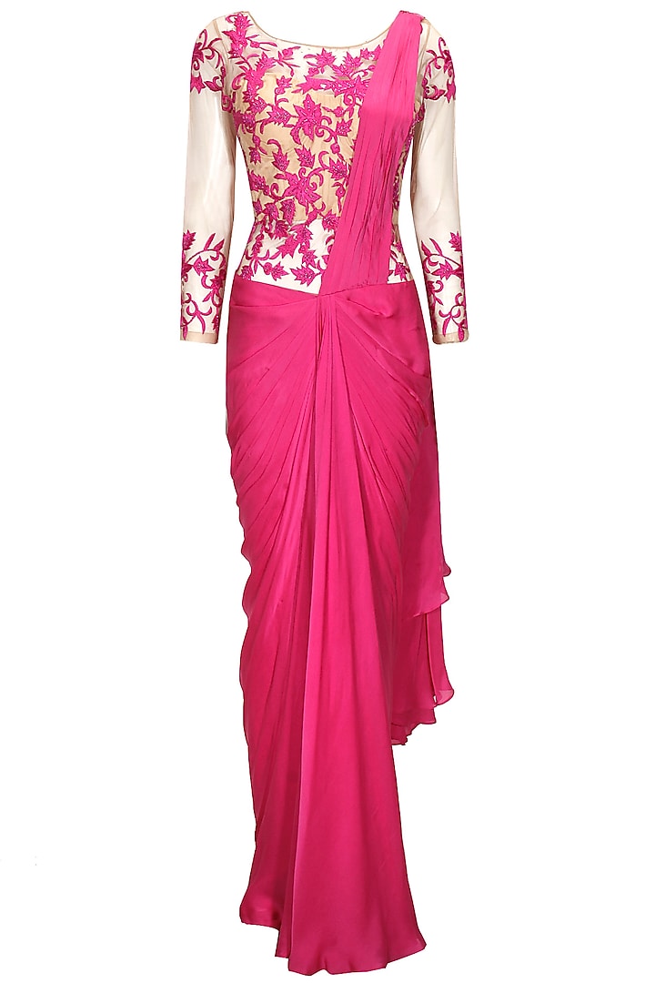 Pink floral embroidered pre- stitched sari gown by Sonaakshi Raaj