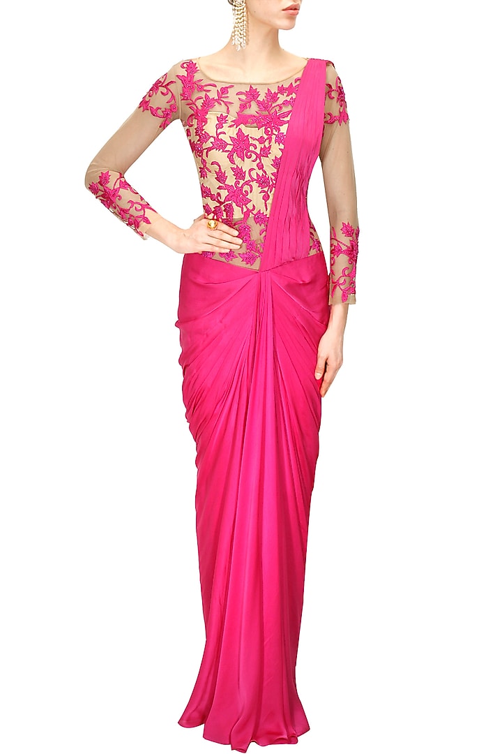 Pink floral embroidered pre- stitched sari gown available only at Pernia's Pop-Up Shop.