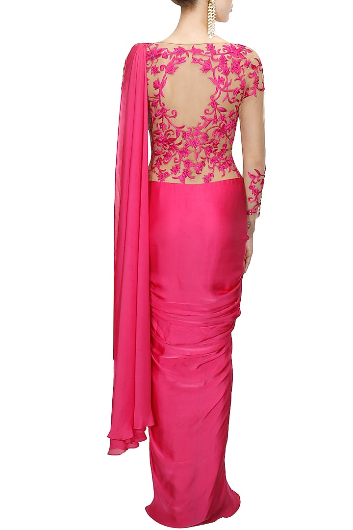 Pink floral embroidered pre- stitched sari gown available only at Pernia's Pop-Up Shop.