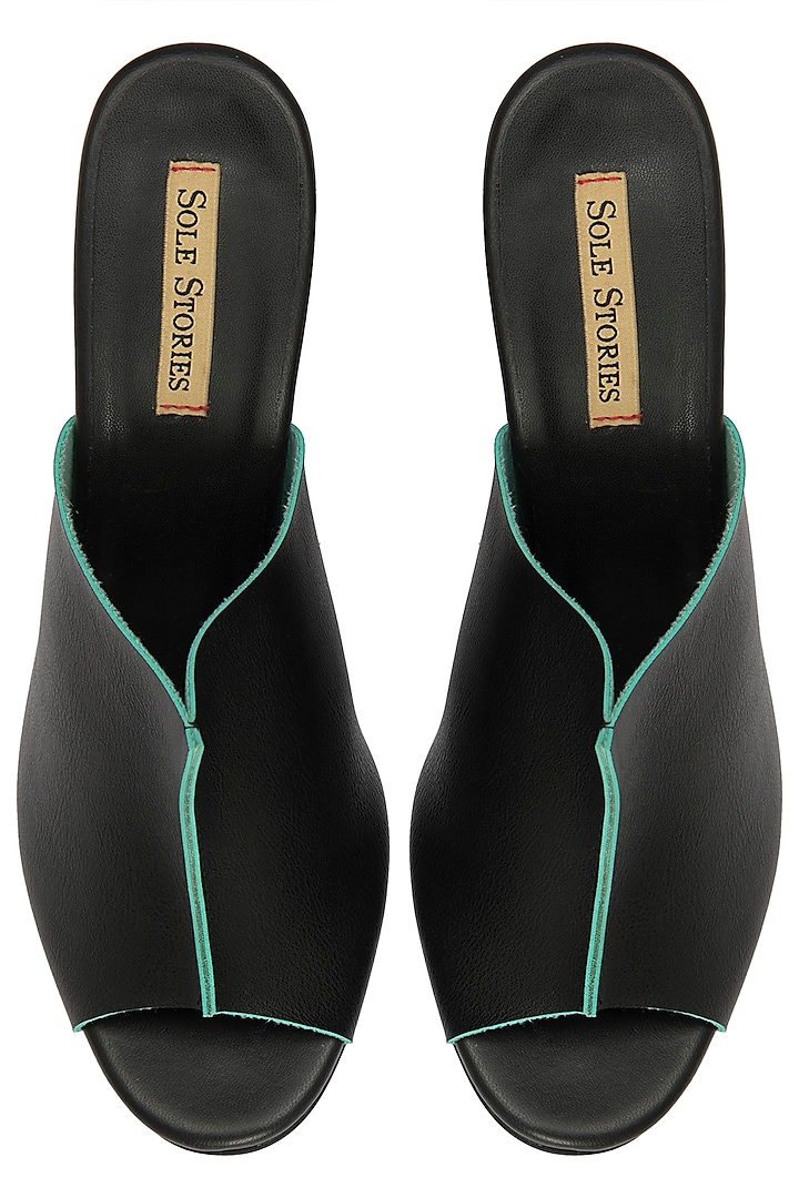 Black and sea green mule block heels available only at Pernia's Pop Up Shop.