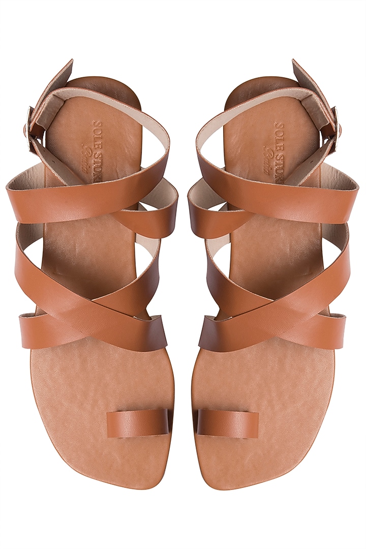 Tan criss cross ankle sandals available only at Pernia's Pop Up Shop.