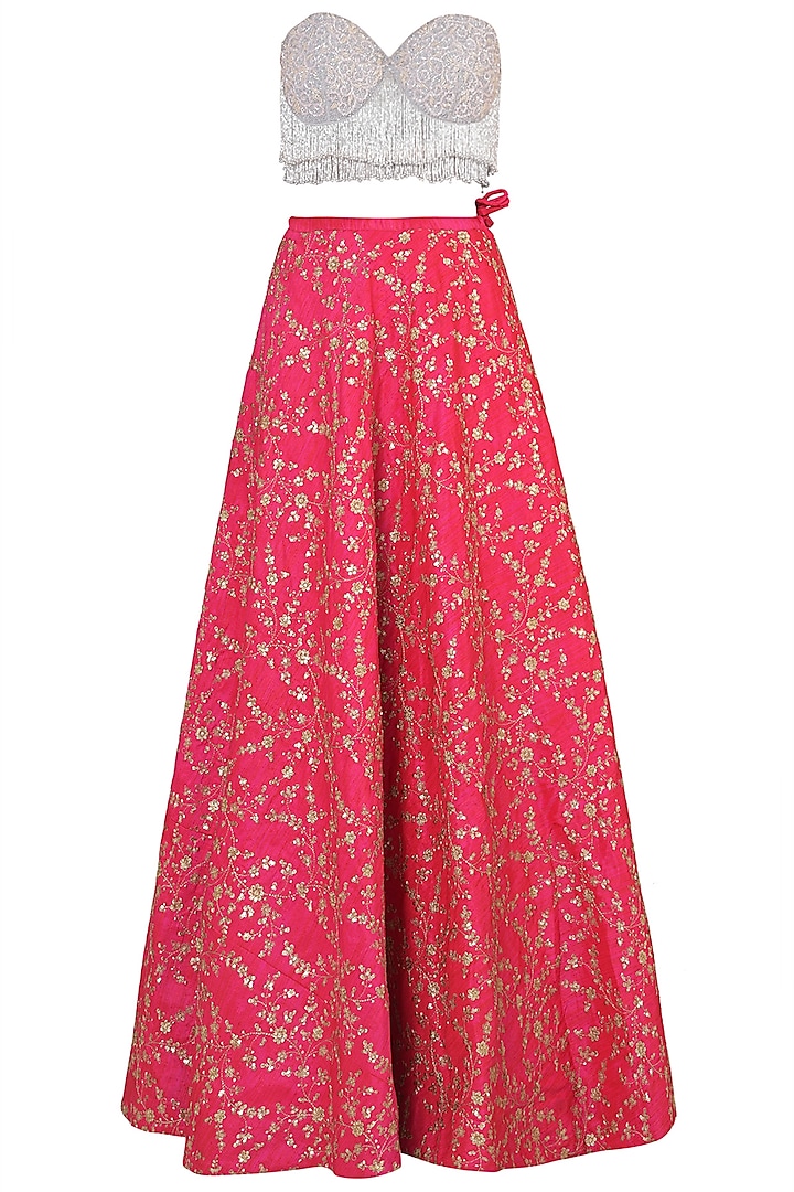 Grey Embellished Bustier with Hot Pink Lehenga Skirt Set by Soshai