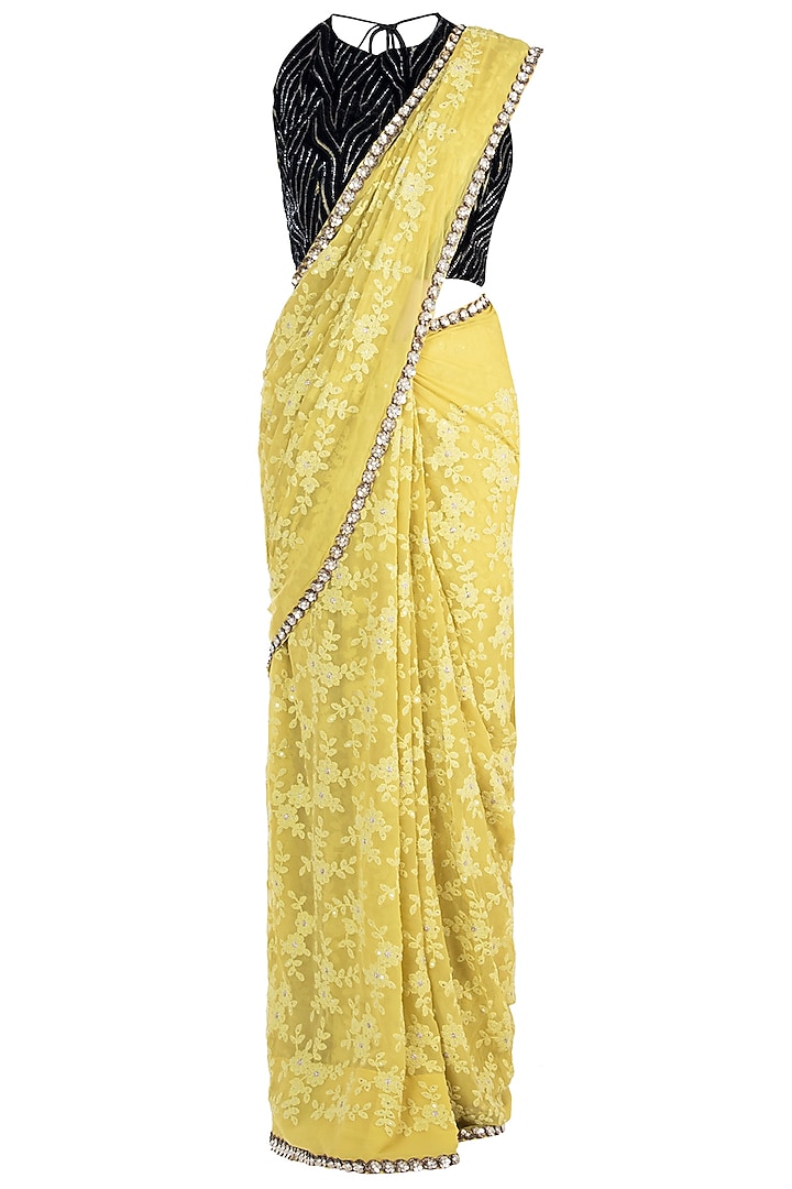 Lemon yellow embroidered saree with blouse available only at Pernia's Pop Up Shop.