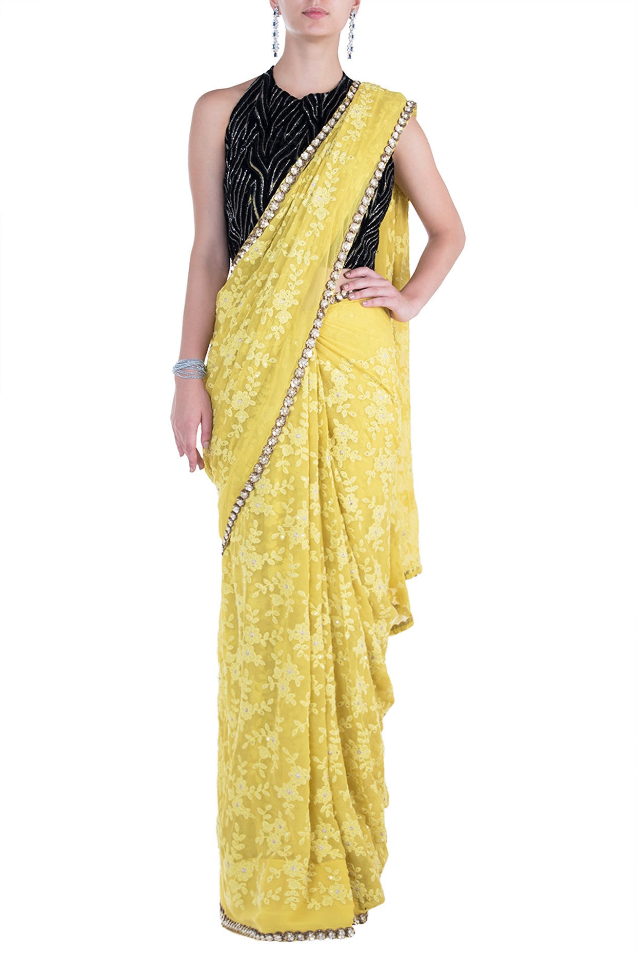 Buy Yellow Silk Saree Floral Black Border Online