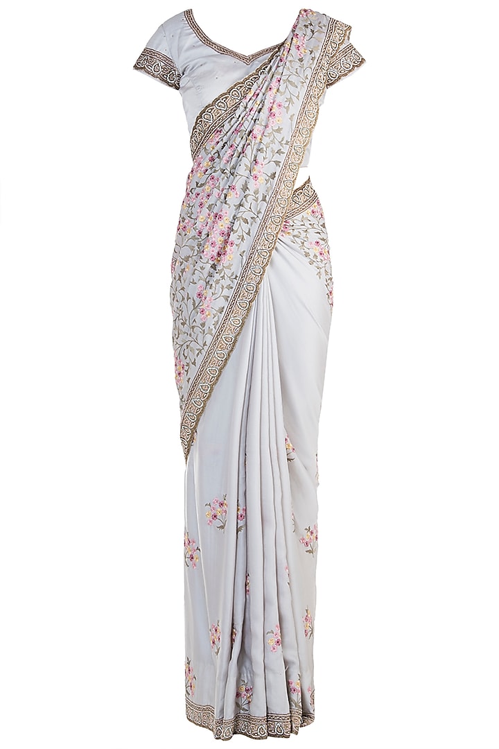 Antique Grey Embroidered Saree with Blouse by Soshai