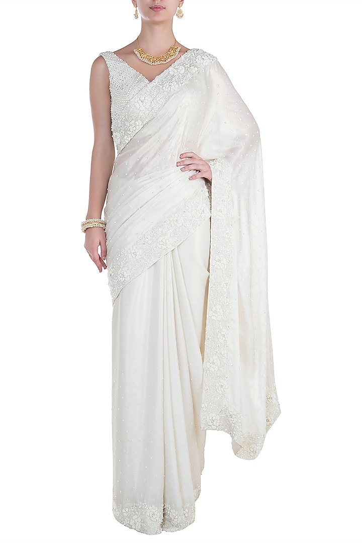 White pearl embroidered saree with blouse available only at Pernia's Pop Up Shop.