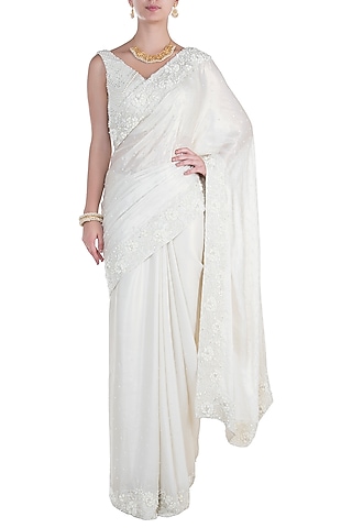 White Shimmer Georgette Pearl Work Saree Set  by Soshai