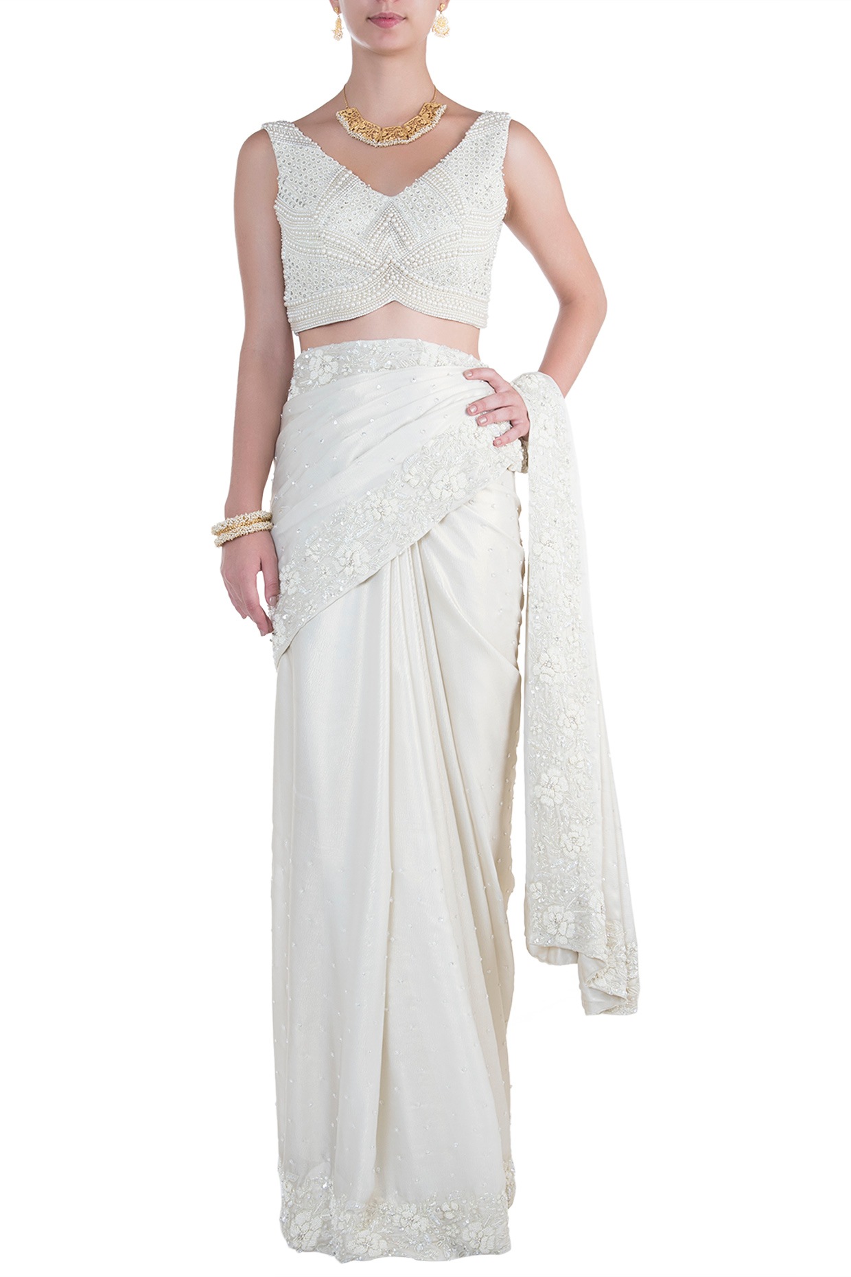 White Pearl Embroidered Net Saree SARV163504