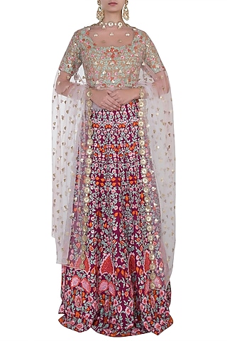 Magenta Embroidered Lehenga Set by Soshai