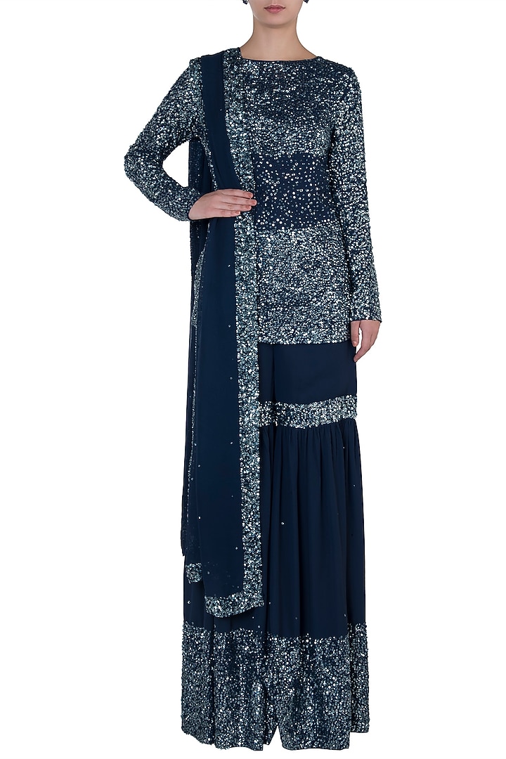 Mid-night blue embroidered sharara set available only at Pernia's Pop Up Shop.