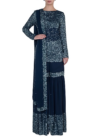 Mid-Night Blue Embroidered Sharara Set by Soshai