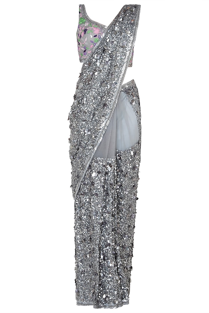 Silver Embroidered Saree with Blouse by Soshai