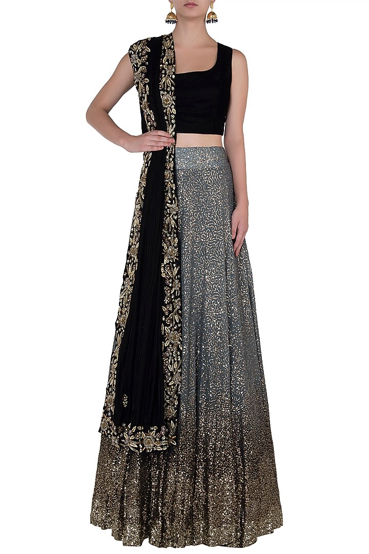 Black and gold embroidred lehenga set available only at Pernia's Pop Up Shop.