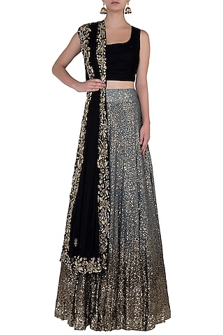 Black and Gold Embroidred Lehenga Set by Soshai