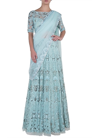 Pastel Turquoise Embroidered Lehenga Set by Soshai