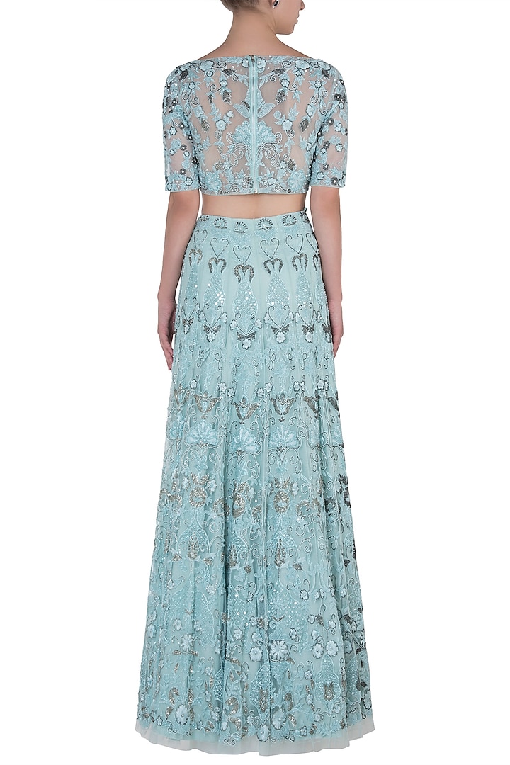 Pastel turquoise embroidered lehenga set available only at Pernia's Pop Up Shop.