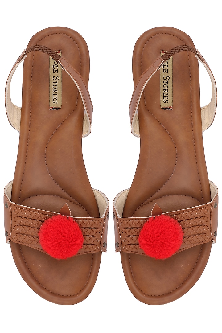 Tan Pom Pom Embellished Sandals by Sole Stories