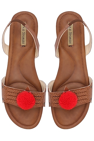 Tan Pom Pom Embellished Sandals by Sole Stories