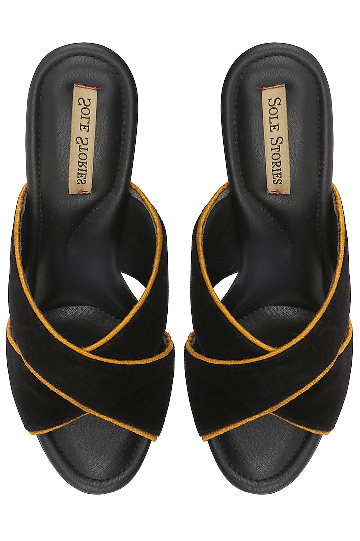 Black and Yellow Thread Embroidered Block Heels by Sole Stories