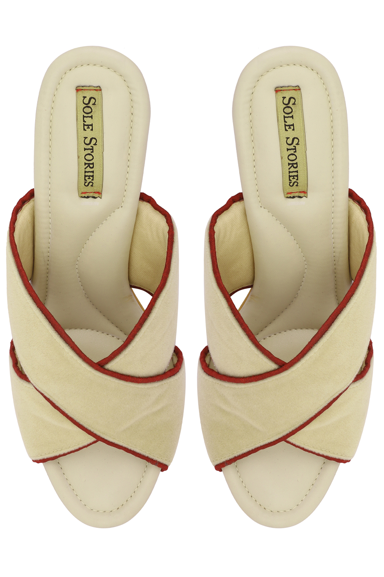 Off white and red thread embroidered block heels available only at Pernia's Pop Up Shop.