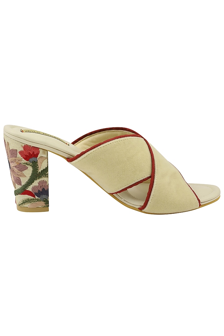 Off white and red thread embroidered block heels available only at Pernia's Pop Up Shop.