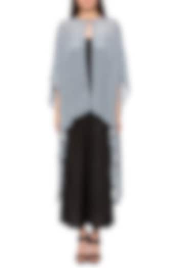 Black Jumpsuit With Powder Blue Printed Cape Jacket by Label SO US at Pernia's Pop Up Shop