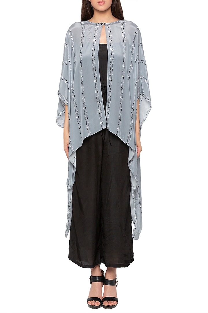 Black Jumpsuit With Powder Blue Printed Cape Jacket by Label SO US at Pernia's Pop Up Shop