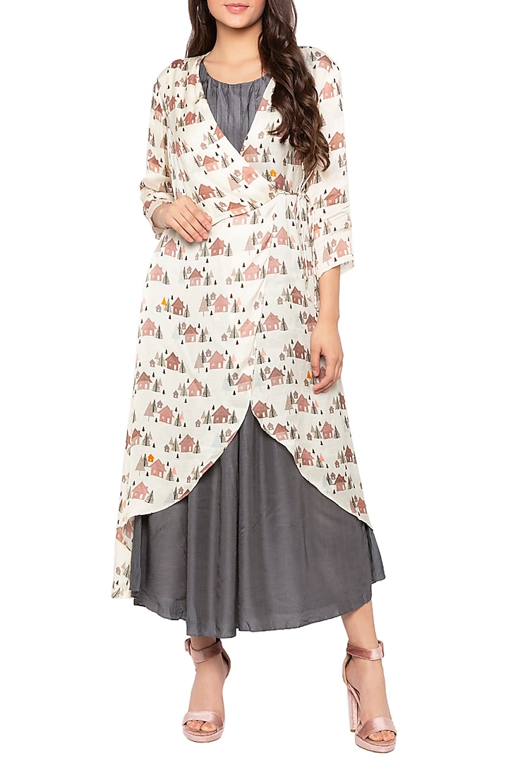 Ivory Printed Wrap Jacket With Grey Maxi Dress by Label SO US