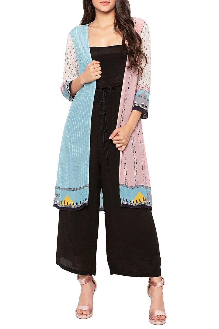 Black Jumpsuit With Blue & Nude Pink Printed Jacket by Label SO US at Pernia's Pop Up Shop